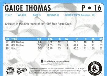 2000 Multi-Ad Utica Blue Sox #16 Gaige Thomas Back