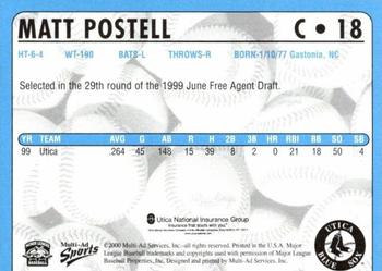 2000 Multi-Ad Utica Blue Sox #18 Matt Postell Back