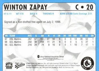 2000 Multi-Ad Utica Blue Sox #20 Winton Zapey Back