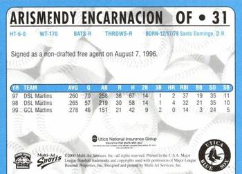 2000 Multi-Ad Utica Blue Sox #31 Arismendy Encarnacion Back
