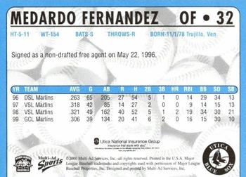2000 Multi-Ad Utica Blue Sox #32 Medardo Fernandez Back