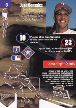 1996 Topps Laser #8 Juan Gonzalez Back