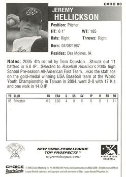 2006 Choice New York-Penn League Top Prospects #03 Jeremy Hellickson Back