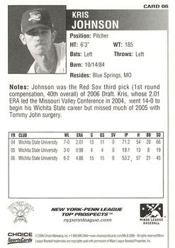 2006 Choice New York-Penn League Top Prospects #06 Kris Johnson Back