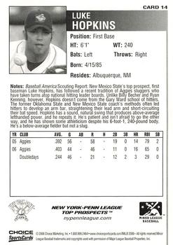 2006 Choice New York-Penn League Top Prospects #14 Luke Hopkins Back