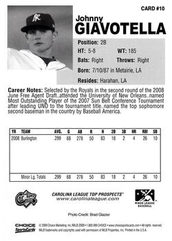 2009 Choice Carolina League Top Prospect 30 #10 Johnny Giavotella Back