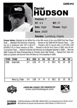 2009 Choice Carolina League Top Prospect 30 #12 Daniel Hudson Back