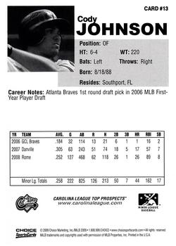2009 Choice Carolina League Top Prospect 30 #13 Cody Johnson Back