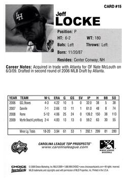 2009 Choice Carolina League Top Prospect 30 #15 Jeff Locke Back