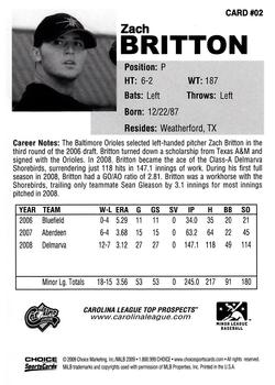 2009 Choice Carolina League Top Prospect 30 #2 Zach Britton Back