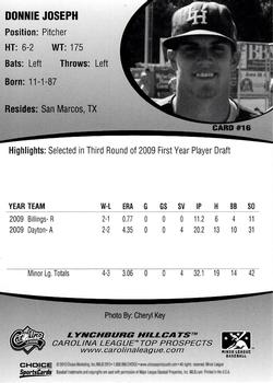 2010 Choice Carolina League Top Prospect 30 #16 Donnie Joseph Back