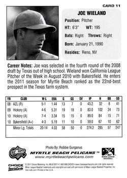 2011 Choice Carolina League Top Prospect 30 #11 Joe Wieland Back