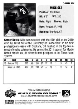 2011 Choice Carolina League Top Prospect 30 #13 Mike Olt Back