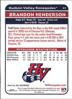 2012 Grandstand Hudson Valley Renegades #NNO Brandon Henderson Back