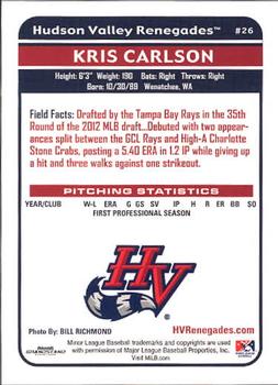 2012 Grandstand Hudson Valley Renegades #NNO Kris Carlson Back