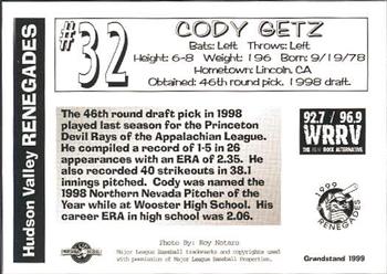 1999 Grandstand Hudson Valley Renegades #NNO Cody Getz Back