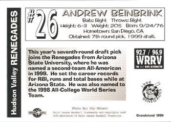 1999 Grandstand Hudson Valley Renegades #NNO Andrew Beinbrink Back