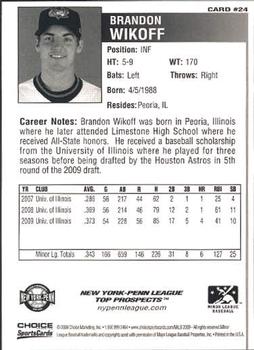 2009 Choice New York-Penn League Top Prospects #24 Brandon Wikoff Back