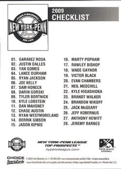 2009 Choice New York-Penn League Top Prospects #29 Checklist Back