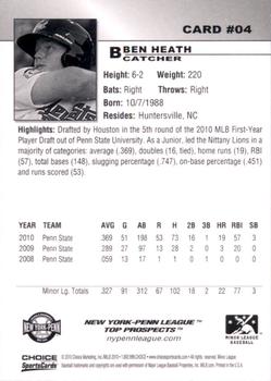 2010 Choice New York-Penn League Top Prospects #04 Ben Heath Back