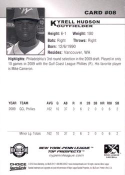 2010 Choice New York-Penn League Top Prospects #08 Kyrell Hudson Back