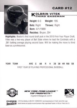 2010 Choice New York-Penn League Top Prospects #12 Kolbrin Vitek Back