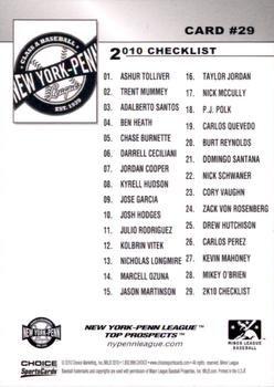 2010 Choice New York-Penn League Top Prospects #29 Checklist Back