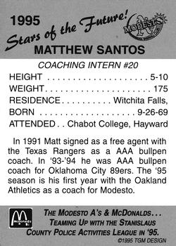 1995 Modesto A's #NNO Matthew Santos Back