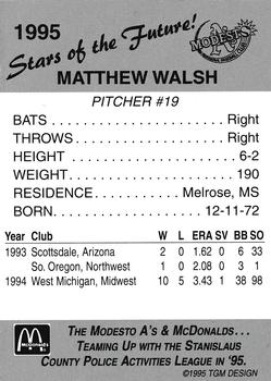 1995 Modesto A's #NNO Matt Walsh Back