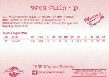 1995 Multi-Ad Macon Braves #NNO Wes Culp Back