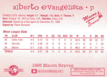 1995 Multi-Ad Macon Braves #NNO Alberto Evangelista Back