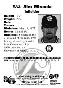 1995 West Michigan Whitecaps #NNO Alex Miranda Back
