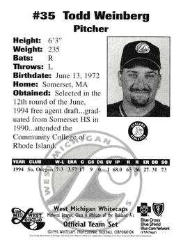 1995 West Michigan Whitecaps #NNO Todd Weinberg Back