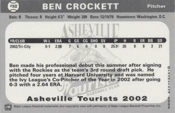 2002 Grandstand Asheville Tourists Update #NNO Ben Crockett Back