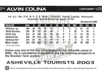 2003 Grandstand Asheville Tourists Update #NNO Alvin Colina Back