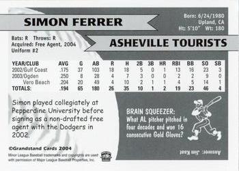 2004 Grandstand Asheville Tourists #NNO Simon Ferrer Back