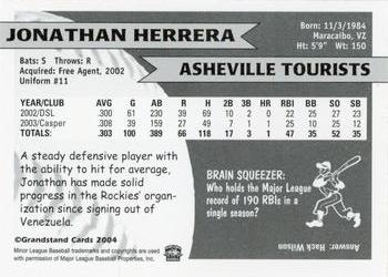 2004 Grandstand Asheville Tourists #NNO Jonathan Herrera Back