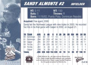 2005 MultiAd Asheville Tourists #2 Sandy Almonte Back