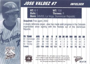 2005 MultiAd Asheville Tourists #26 Jose Valdez Back