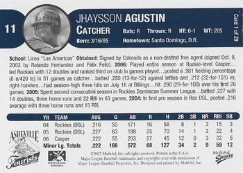 2007 MultiAd Asheville Tourists #1 Jhaysson Agustin Back