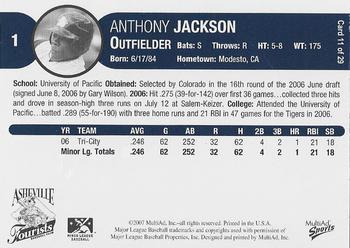 2007 MultiAd Asheville Tourists #12 Anthony Jackson Back