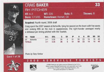 2008 MultiAd Asheville Tourists #1 Craig Baker Back