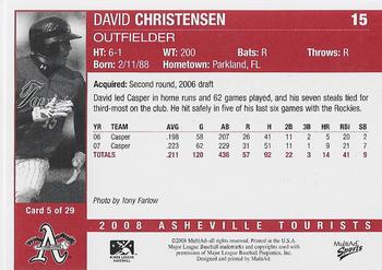 2008 MultiAd Asheville Tourists #5 David Christensen Back
