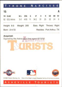 1993 Classic Best Asheville Tourists #15 Tyrone Narcisse Back