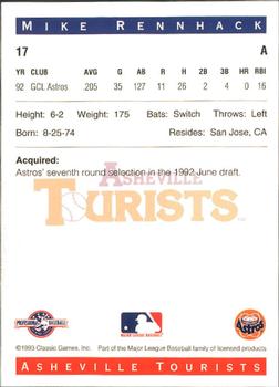 1993 Classic Best Asheville Tourists #17 Mike Rennhack Back