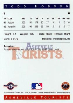 1993 Classic Best Asheville Tourists #9 Todd Hobson Back