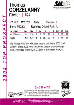 2004 MultiAd South Atlantic League Top Prospects #10 Tom Gorzelanny Back