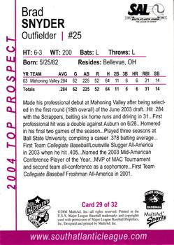 2004 MultiAd South Atlantic League Top Prospects #29 Brad Snyder Back
