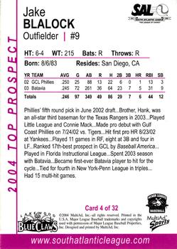 2004 MultiAd South Atlantic League Top Prospects #4 Jake Blalock Back