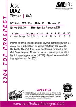 2004 MultiAd South Atlantic League Top Prospects #6 Jose Diaz Back